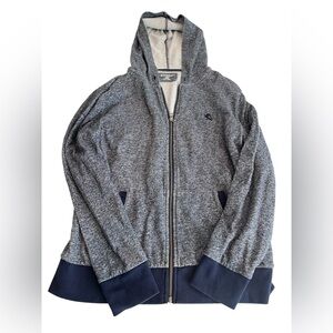 Express Men’s Gray and Blue Zip Up Hooded Pocket Logo Sweater, Size Medium